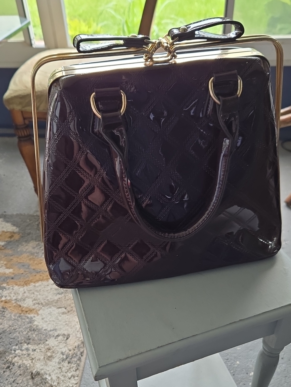 Gloss Quilted Satchel Bag in Dark Brown with Gold Frame